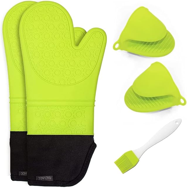 FACIACC Oven Gloves Set, Silicone Kitchen Gloves with Cotton Lining Heat Resistant Waterproof Gloves with Extra Oven Mitts Pot Holder with Silicone Brush for Microwave BBQ Cooking Baking (Neon Green)