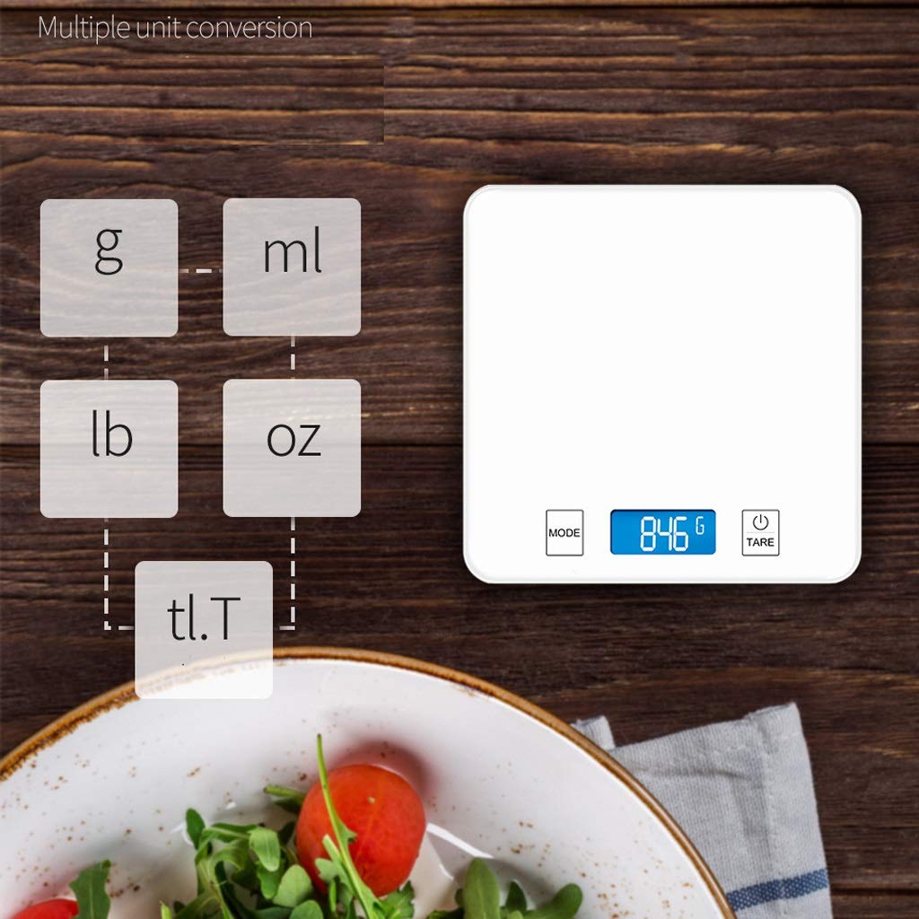 Balanzas para pesar alimentos, Báscula de cocina electrónica a prueba de agua, báscula de pesaje de alimentos súper delgada/báscula digital - Plataforma de vidrio templado (Color : White, Size : 5KG/1
