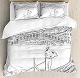 Ambesonne Venice Duvet Cover Set, Rialto Bridge Gondola Romantic Italian Landmark Inspired Sketchy Cityscape, Decorative 3 Piece Bedding Set with 2 Pillow Shams, King Size, White Pale Black