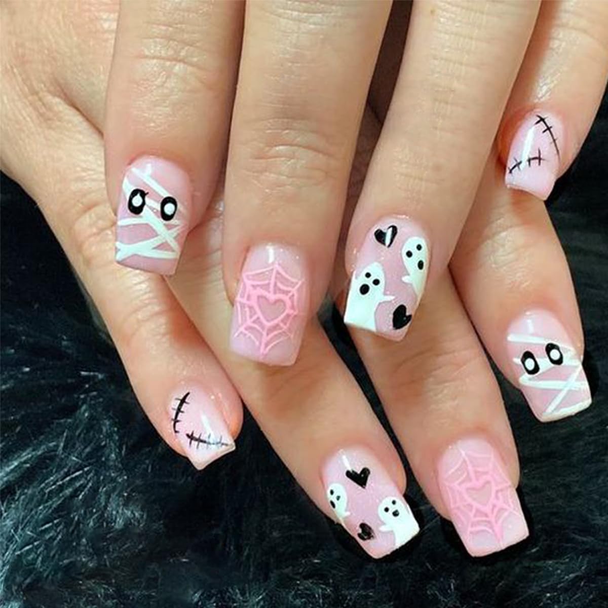 24pcs Halloween Nails - Pink Press-On, Short Square, Acrylic - Love Heart, Ghost, Zombie, Mummy, Scar, Full Cover, Coffin Nails for Halloween Manicure