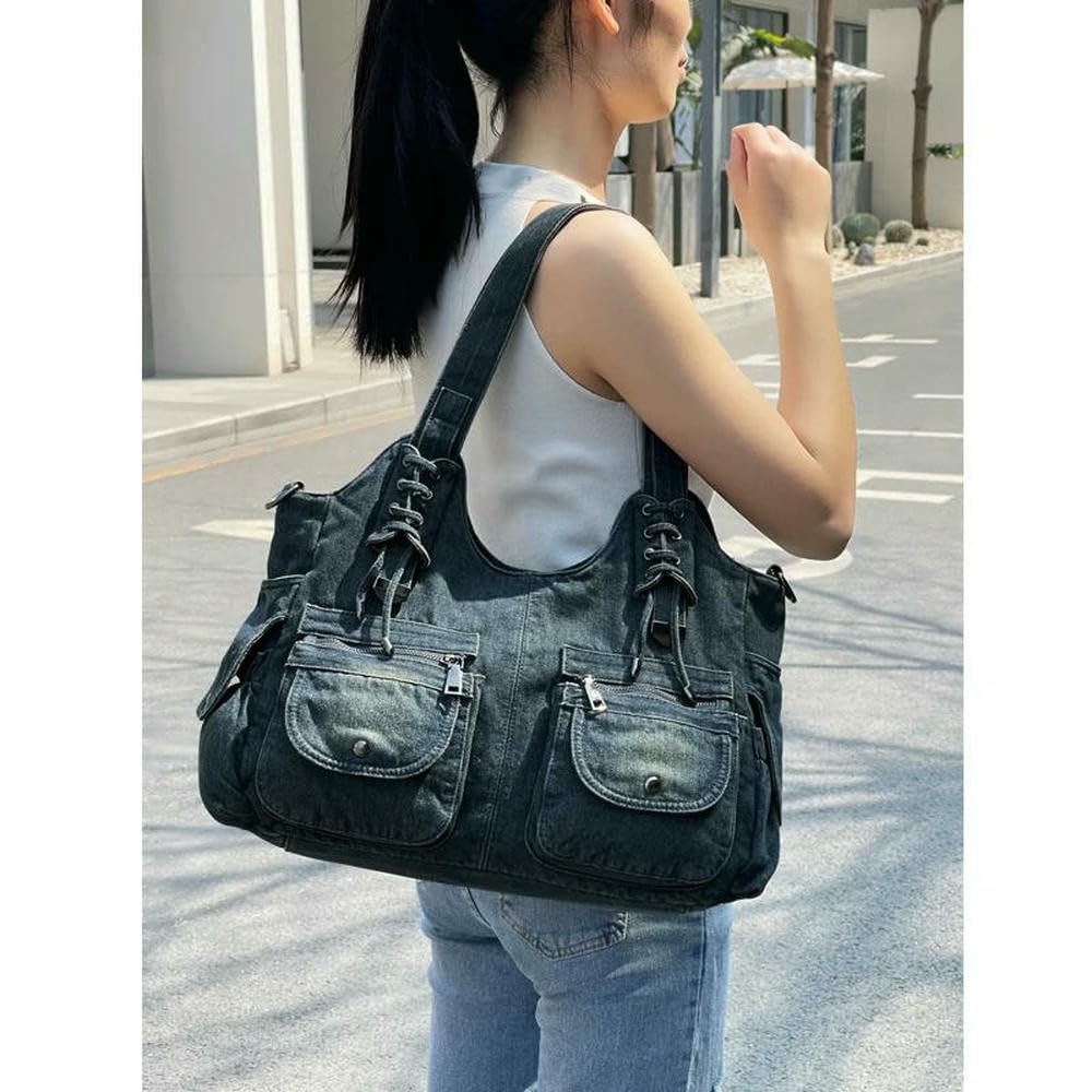GLDFW - Borsa da donna in denim, stile vintage, blu, con tracolla, grande capacità