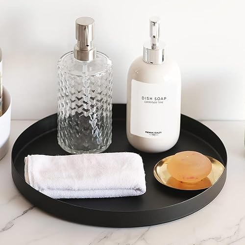 Miniatura 4 de Bandeja redonda negra para portavelas de metal, bandeja decorativa para decoración moderna del hogar de granja (11.8 pulgadas)