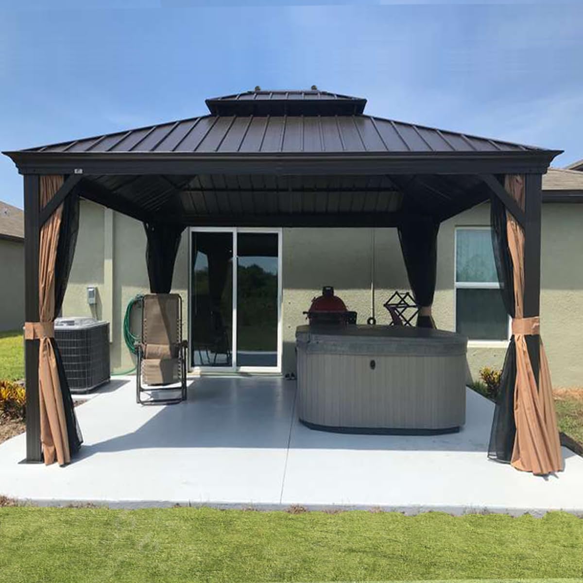 PURPLE LEAF 10' x 14' Hardtop Gazebo with Curtains and Netting for Hot Tub Heavy Duty Deck Beach Pool Backyard Outdoor Canopy Tent Sun Shade Metal Roof Patio Permanent Pavilion