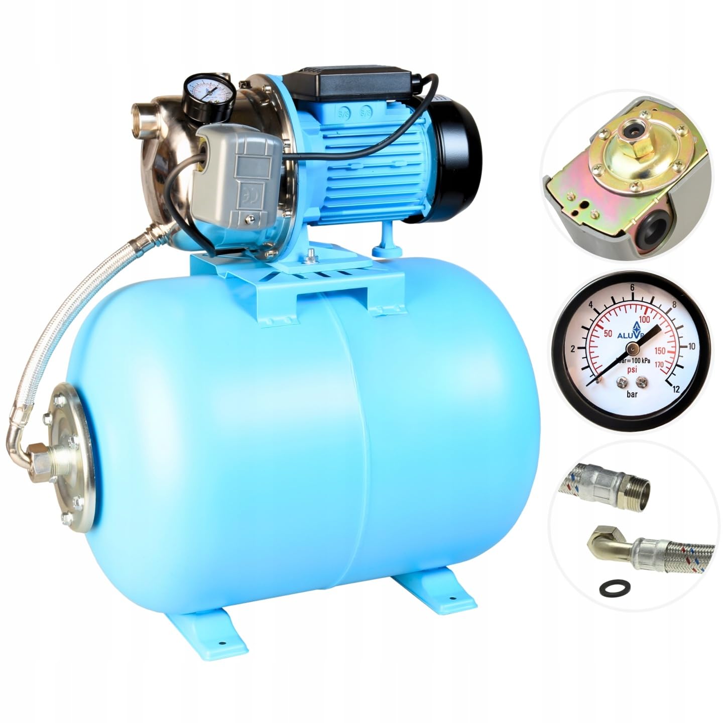 Hydrofor do Wody 50L ZESTAW HYDROFOROWY Pompa Hydroforowa INOX JX 1100 (1100 W, 3600 l/h, max. podnoszenie 50 m) Zbiornik Przeponowy 50 L Osprzęt WYDAJNY