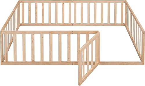 Miniatura 5 de LZ LEISURE ZONE Cama de plataforma de tamaño matrimonial con valla, marco de cama de piso de madera maciza con puerta, marco de sofá cama de tamaño