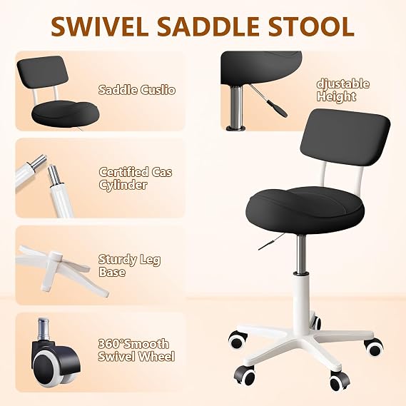 Saddle Stool with Back Support Thick Padded Seat Ergonomic Chair Swivel Rolling Saddle Chair with Wheels for Hair Salon, Dental Clinic, Spa, Massage Studio, Office & Home
