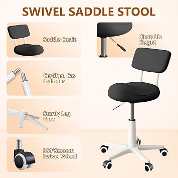 Saddle Stool with Back Support Thick Padded Seat Ergonomic Chair Swivel Rolling Saddle Chair with Wheels for Hair Salon, Dental Clinic, Spa, Massage Studio, Office & Home