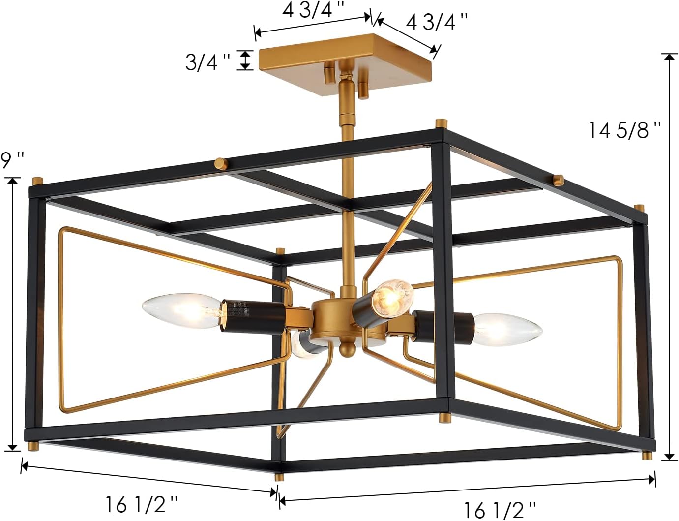 Industrial Semi Flush Mount Ceiling Light, Antique Brass Brush Paint and Black Finish Cage Mini Chandelier Mid Century for Porch Hallway Kitchen Bedroom Balcony 4-Light