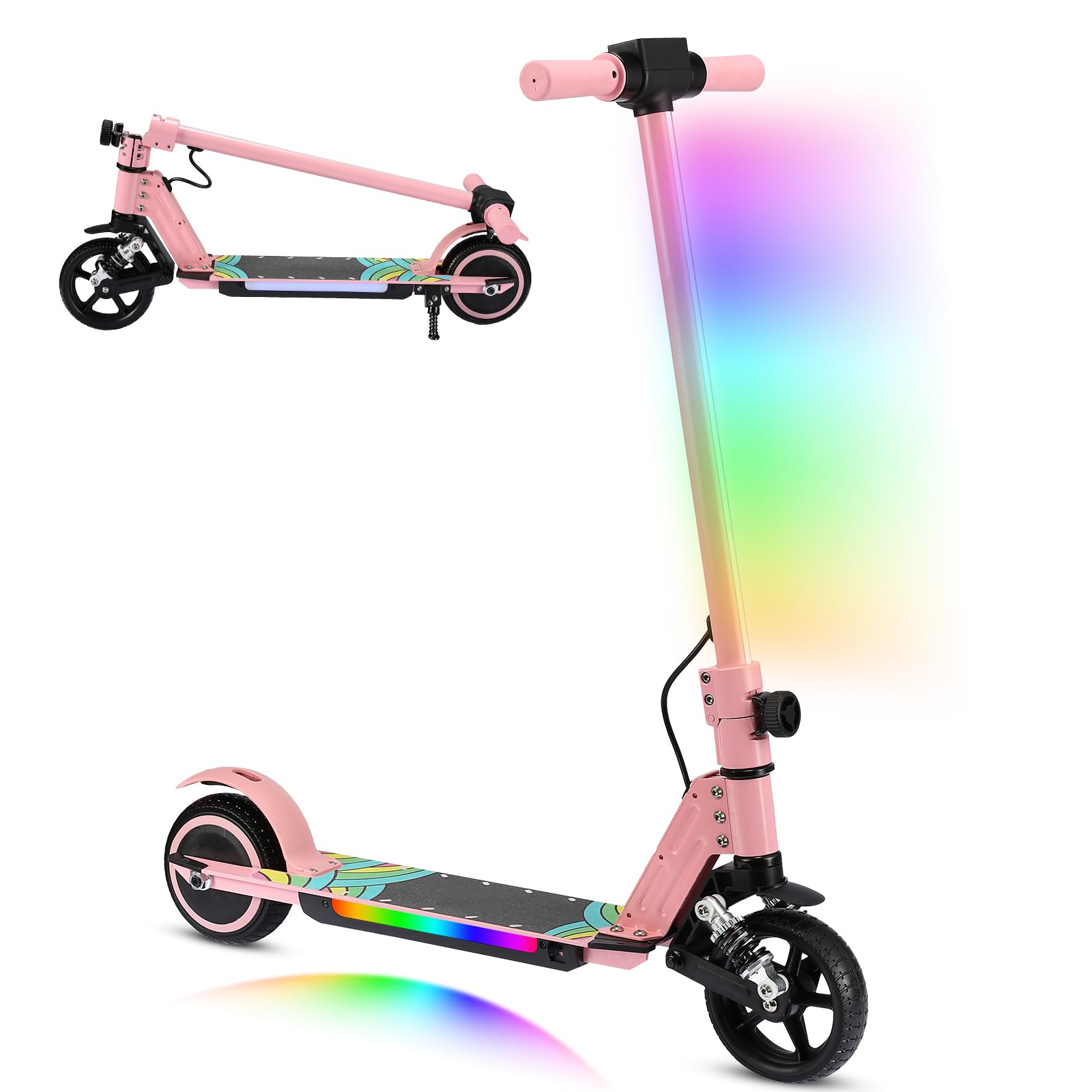 Monopattino elettrico per bambini, 6-12 anni, 130 W, 14 km/h, portata 8 km, luci LED colorate, pieghevole, scooter elettrico per ragazzi e ragazze, regalo per bambini