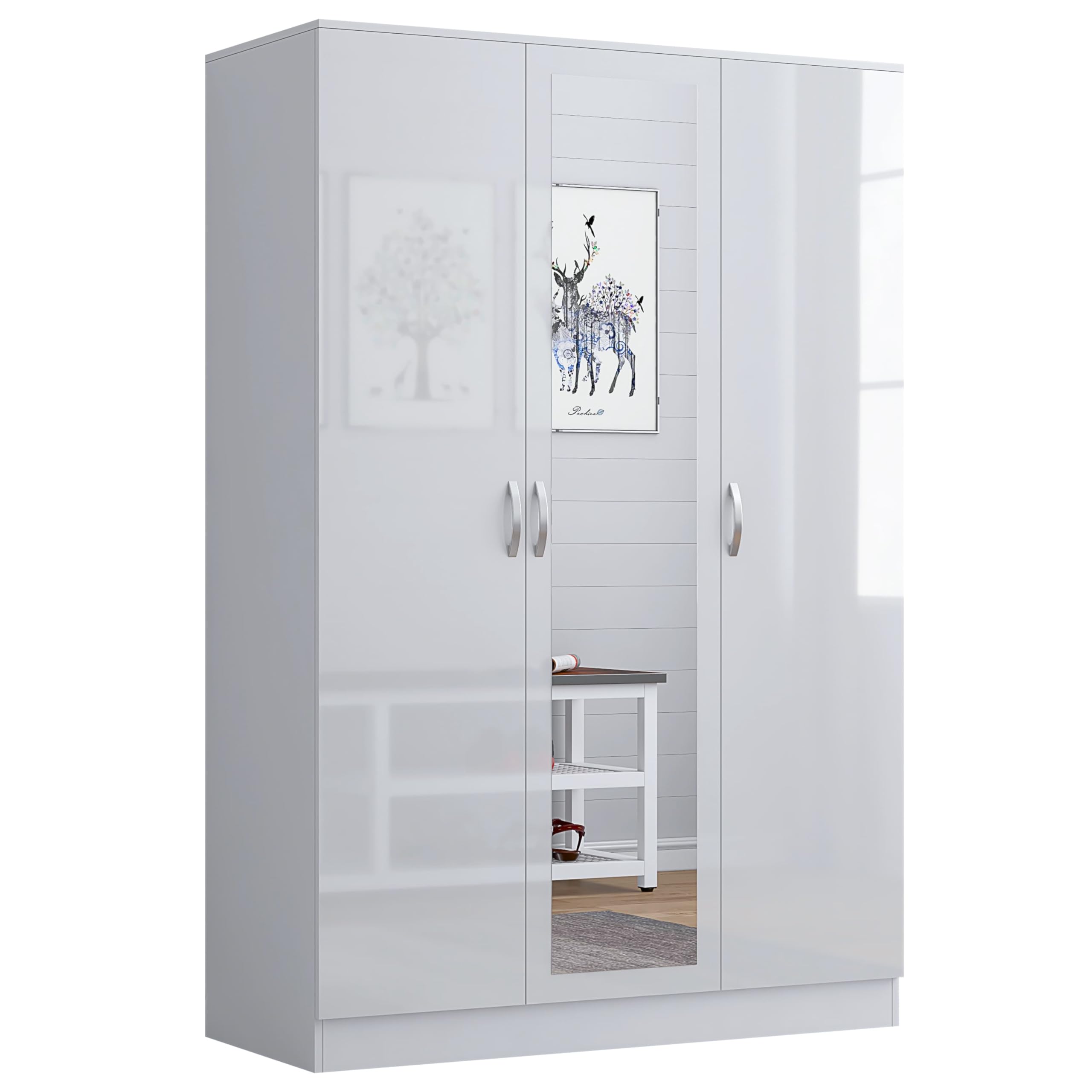 Nera Gloss 3 Door Wardrobe for Bedroom 120cm Wide with Mirror Shelves and Hanging Rail Storage Cabinet(Gloss White (Matt White)) โ image 1