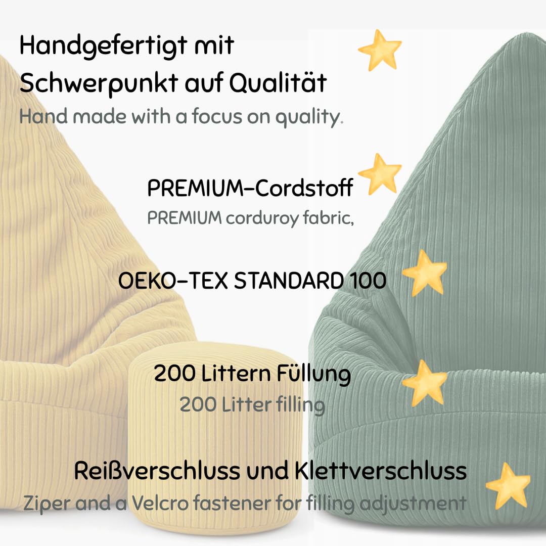 Sitzsack Kinder mit Hocker 75x75x100cm - Kinder Sitzsack mit Füllung - Schlafzimmer und Wohnzimmer Möbel - Cord Indoor Sitzsäcke - Lounge Sessel - Bean Bag