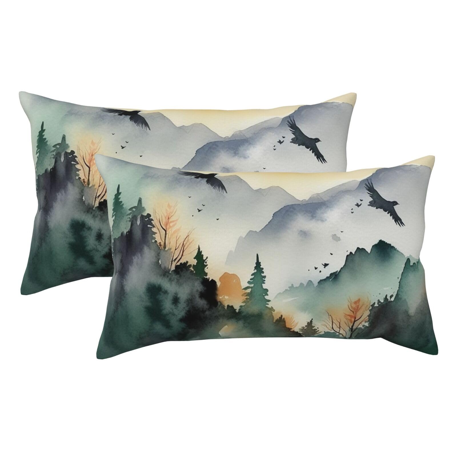 2 Pack King Size Pillow Cases for Hair and Skin Soft Breathable Pillow Case Covers with Hidden Zipper Mountain Birds Watercolor Pillowcase 20x36 Inches Pillow Covers for Sleeping Gift