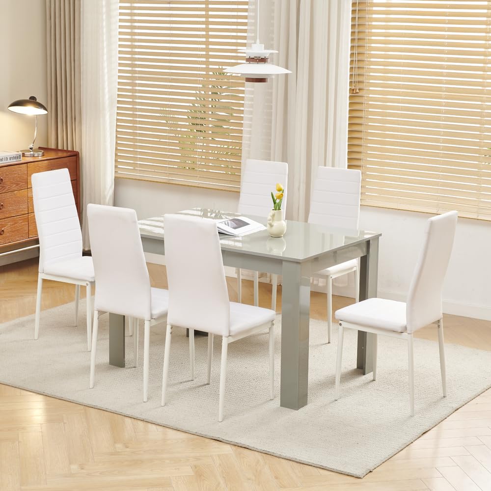 Homullel 7 Piece Dining Room Table and Chairs Set for Dining Room Kitchen, Modern Wooden Dining Table with 6 White Leather Chairs for Family Dinner Space Saving Dinner Set
