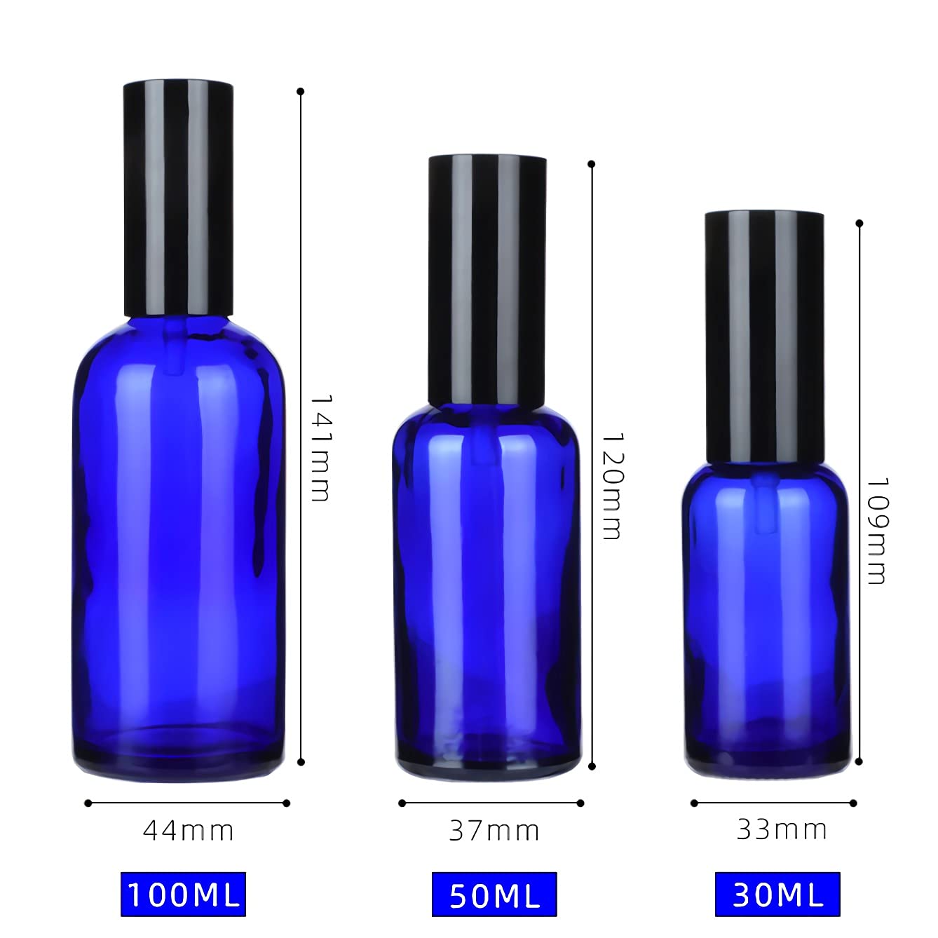 12 Piezas 100ml Frasco de Vidrio Azul con Pulverizador Negro Botella de Cristal con Bomba en Spray Vacía Reutilizable Ideal para Perfume o Composición con Aceites Esenciales Embudo