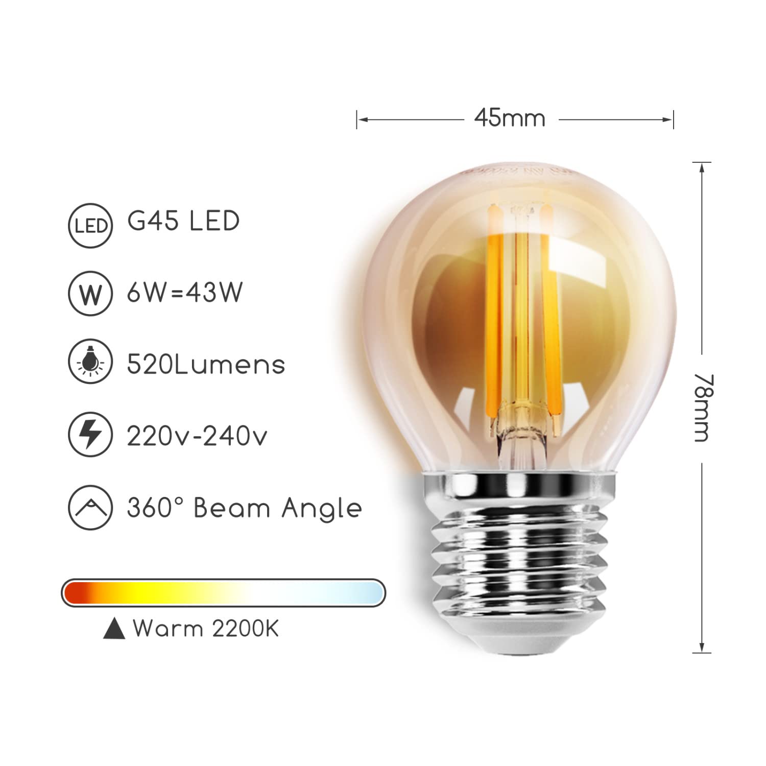 Aigostar Edison Lampadine LED E27,Lampadine di Filamento 6W,Luce Calda 2200K,420lm,G45,Lampade Decorativa Retrò per Bar Caffè Hotel,5 Pezzo (Confezione da 2)