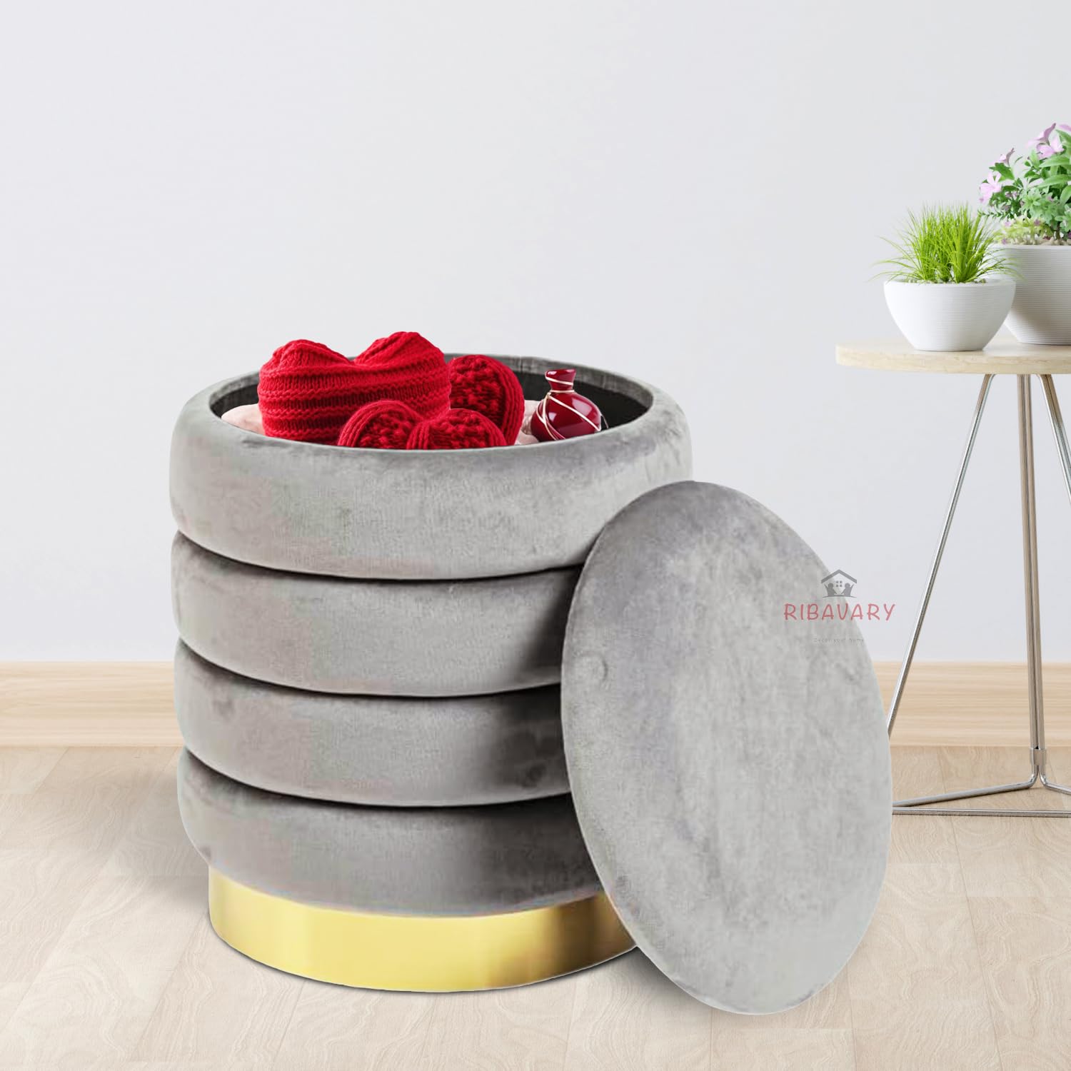RIBAVARY Velvet Luxurious Round Ottoman Storage Box Dutch Velvet Pouffe Footstool, Footrest Vanity Stool with Lids for Bedroom Living Room Balcony Snack (Small Storage Standard Size, Grey1) (B0DFXF865Y) Amazon Price History, Amazon Price Tracker