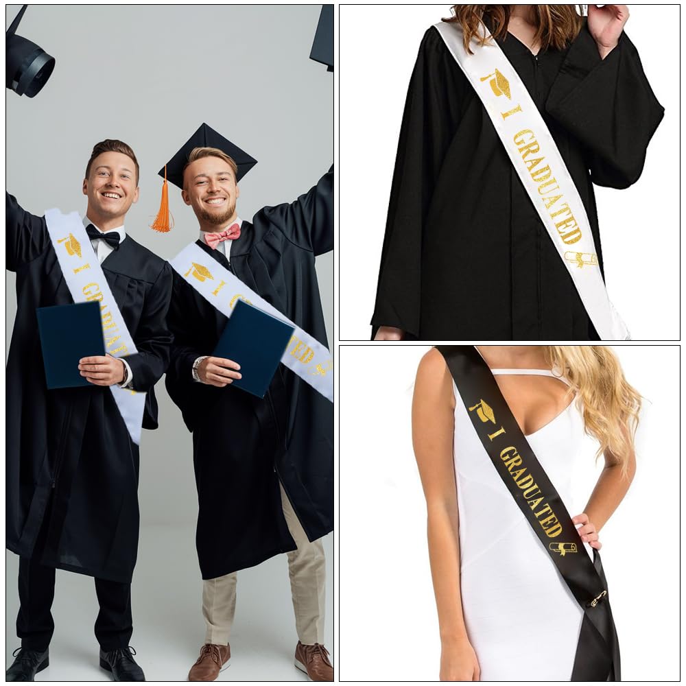 6 Fasce In Raso Bianco Per Laurea 2024 - Scritte "Senior" In Oro - Dimensioni 80x9,5 Cm - Per Feste E Celebrazioni
