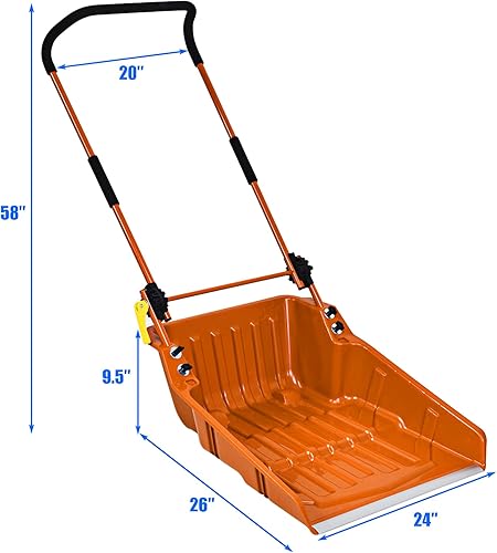 Miniatura 7 de GYMAX Pala de trineo de polietileno de 26 pulgadas, pala de nieve rodante, capacidad extragrande, ángulo ajustable y fácil instalación, con mango