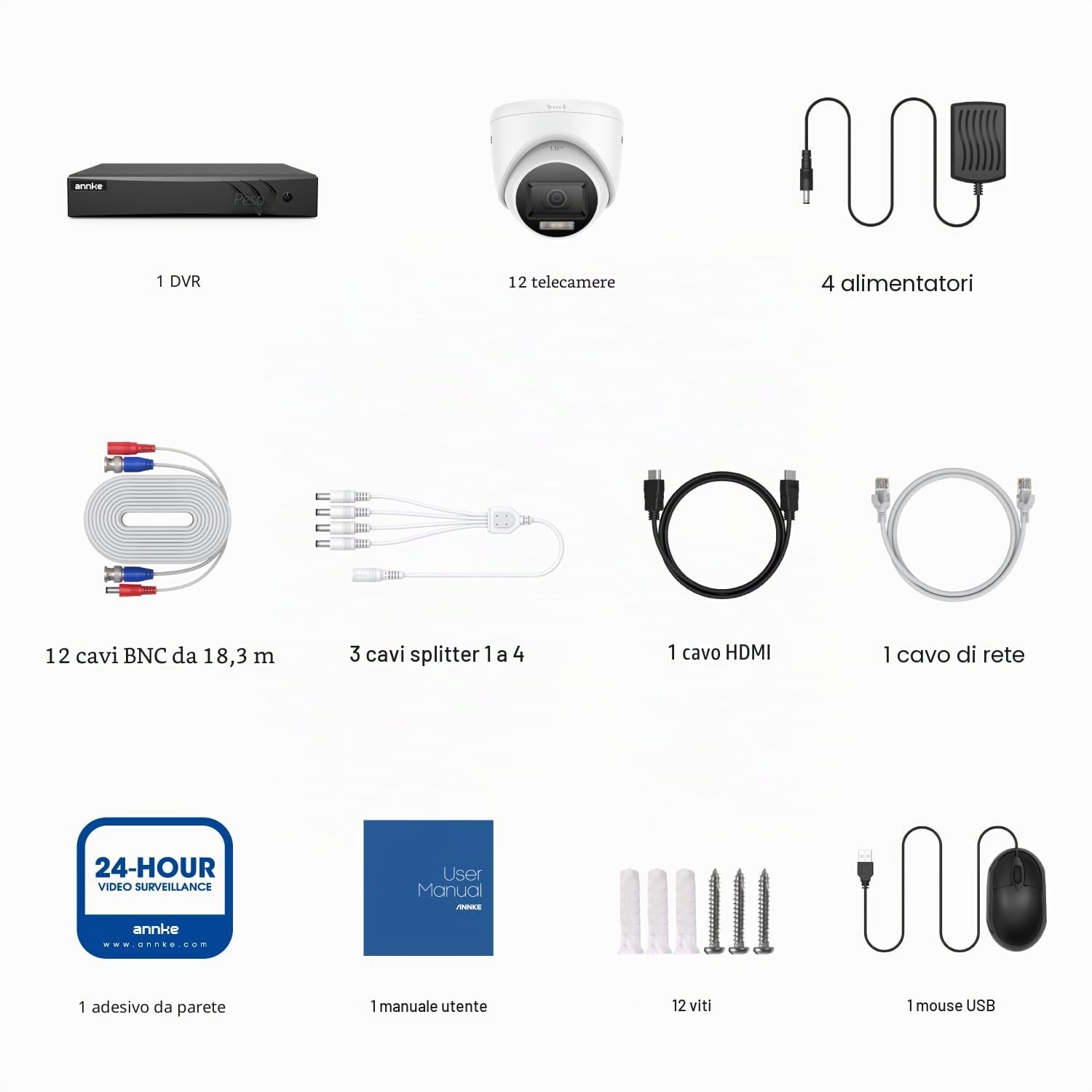 ANNKE 1080P Kit Videosorveglianza 16 Canali 3K Lite H.265+ DVR, 12 Telecamere con Visione Notturna a Colori, Rilevamento Persone/Veicoli, Allarme Email con Immagini, Accesso Remoto, Senza Disco Rigido