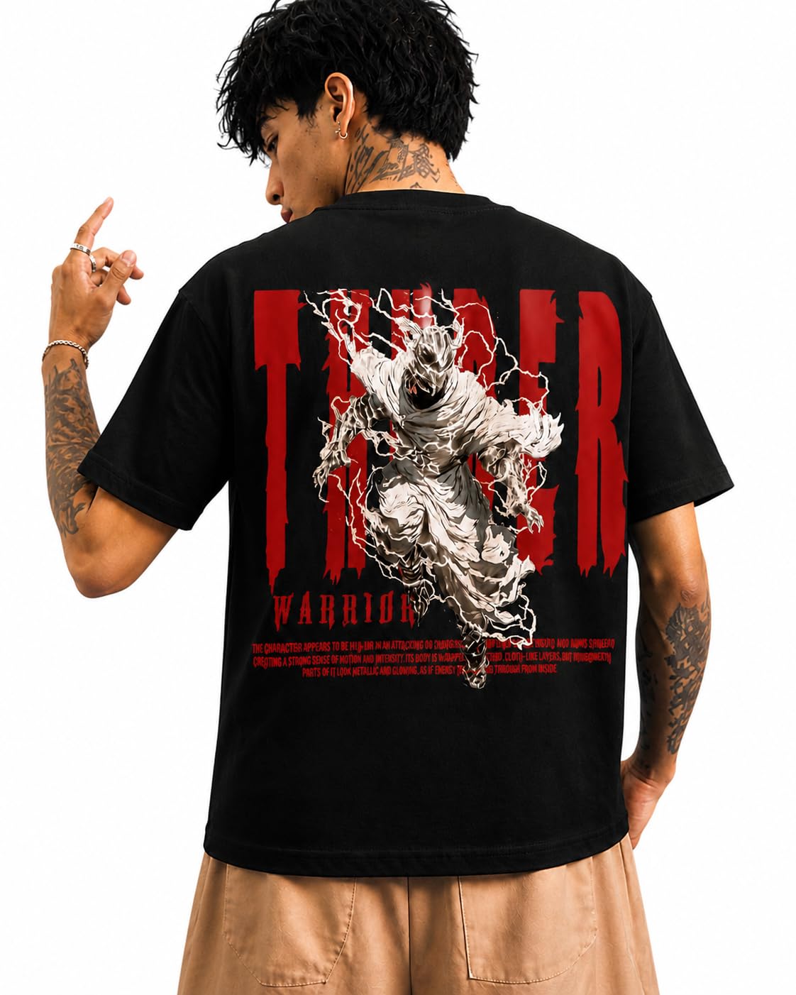 Men’S Regular FIT Black Graphic T-Shirt – Thunder Warrior Lightning Back Print Streetwear Statement TEE with Bold RED Typography and Anime-Inspired Phantom Design