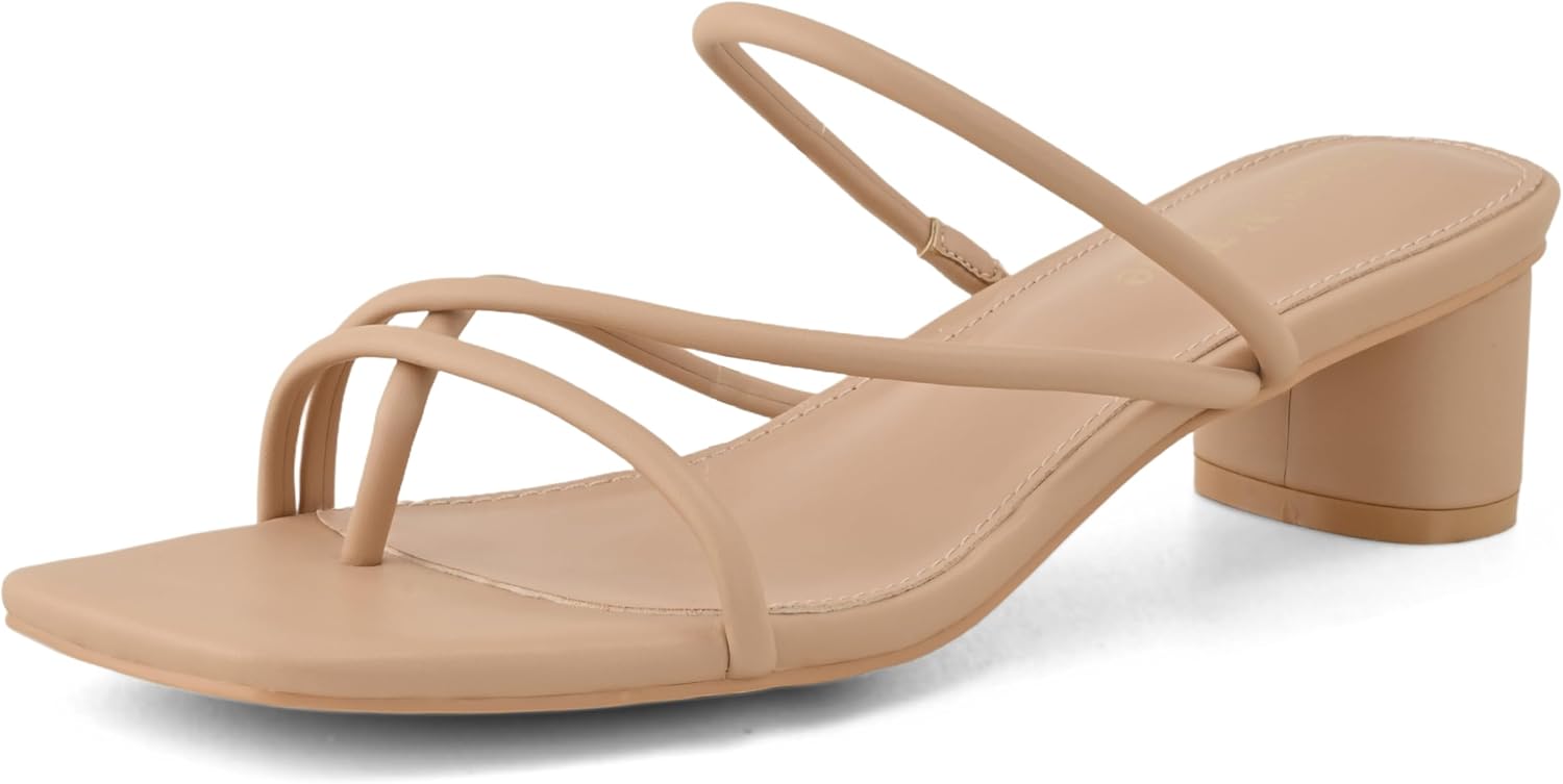 Shoe'N Tale Strappy Heels for Women Chunky Thong Strap Slip On Mules Square Toe Low Kitten Heeled Sandals