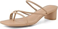 ShoeNTale Women's Strappy Chunky Thong Heel Mules - Square Toe Low 1.5" Kitten Heeled Sandals