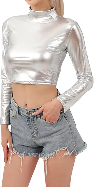 Women's Metallic Long Sleeve Blouse with Stand-Up Collar - Slim Fit Clubwear