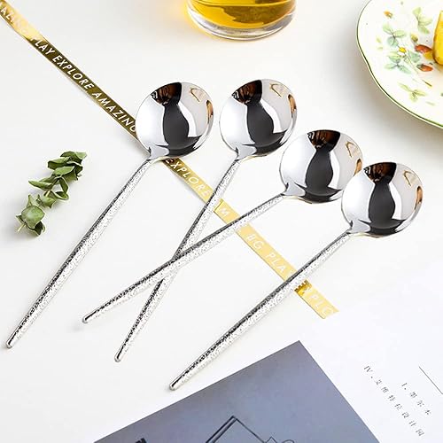 Miniatura 3 de Cuchara de sopa martillada de acero inoxidable, cuchara coreana de mango redondo largo, 4 cucharas martilladas de acero, 8 pulgadas.