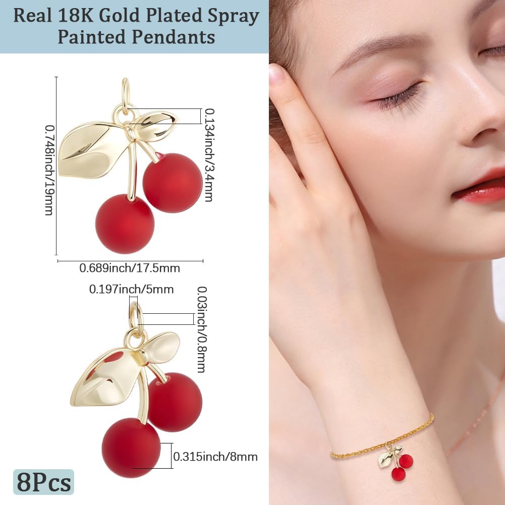 Beebeecraft 1 Box 8Pcs Red Cherry Charms 18K Gold Plated Large 3D Fruit Charms with Jump Ring for Jewelry Making Necklace Earring Bracelet Crafts Supplies - Image 2