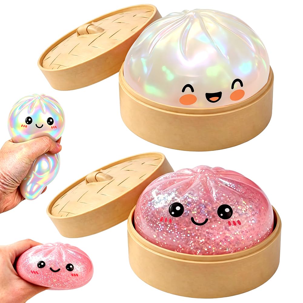 MIFKLMV 2 Pcs Giant Dumpling Squishy, Giant Dumpling Squishy Toy, Toy Dumplings with Steamer Box, Soft Squeeze Dough Hand Fidget Toys, Funny Slow-Rise Stress Toys, Pink/Colorful