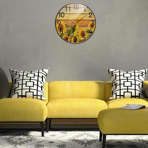 Miniatura 5 de Naanle Hermoso reloj de pared redondo con diseño de girasoles en tablero de madera de varios colores, 9.5 pulgadas, silencioso, funciona con pilas,