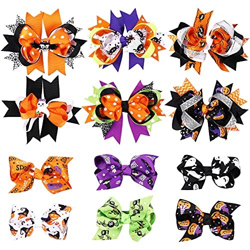 12 Pieces Halloween Pumpkin Bow Knot Hair Pins 4.72 Inch, 3.54 Inch Halloween Hair Bows with Ghost Pumpkin Pattern Halloween Pumpkin Spider Bat Hair Bows Boutique Clips Grosgrain Ribbon for Halloween
