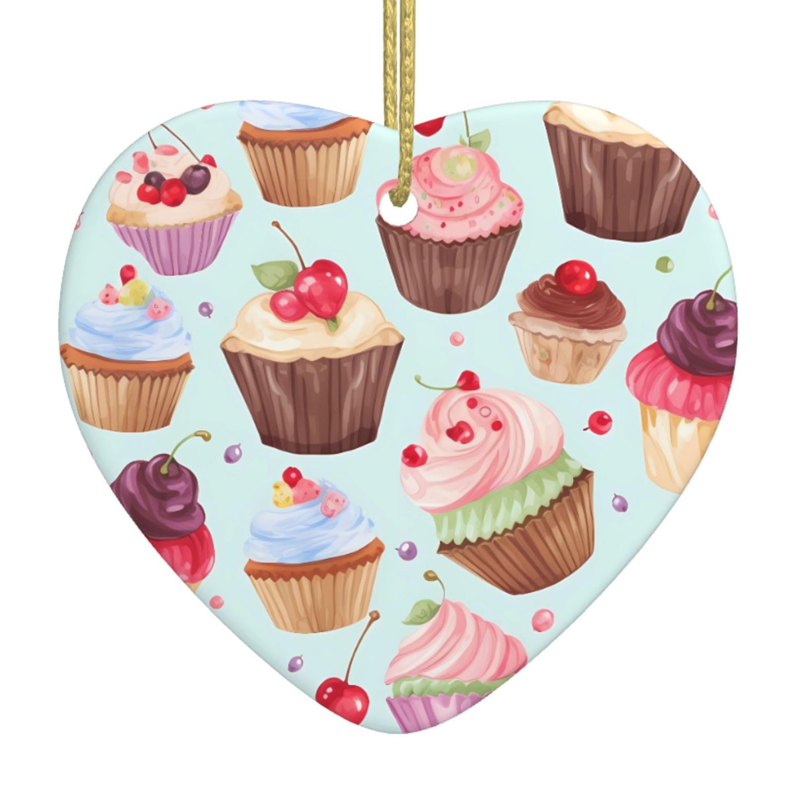 Cupcake Pattern Christmas Ornament 2025 Heart Ceramic Hanging Ornaments for Home Decor Christmas Decorations with Gold Rope Double-Sided Xmas Tree Ceramic Hanging for Holiday Party