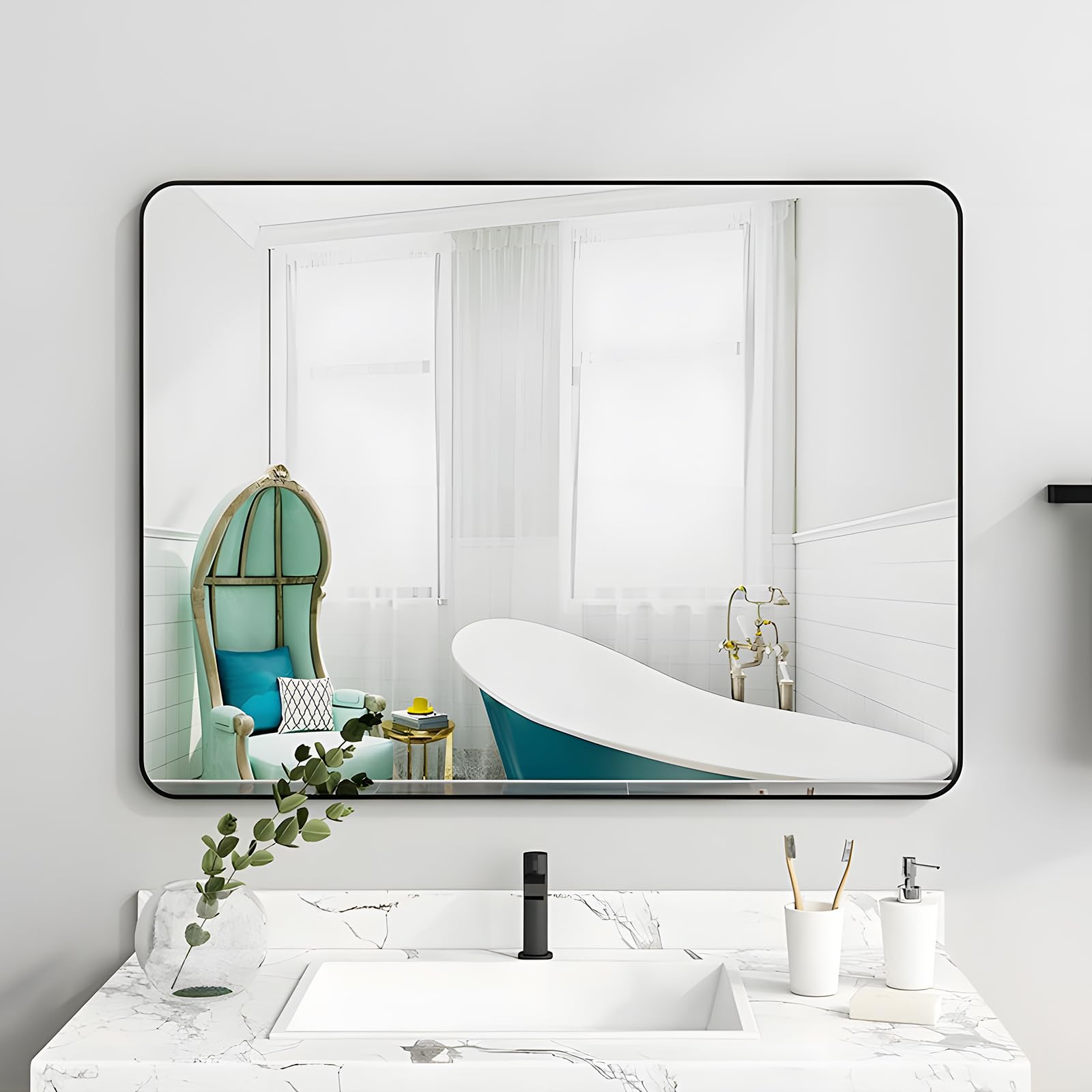 MIQU Espejos de Pared 80 x 60 cm, Espejo de baño Rectangular Marco Negro