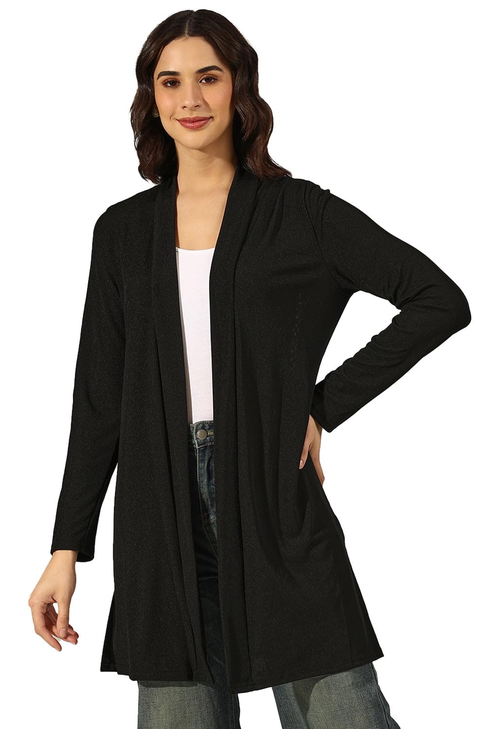 Basic Women's Black Longline Open Front Shrug-CHN-3077_Black-P-image-16