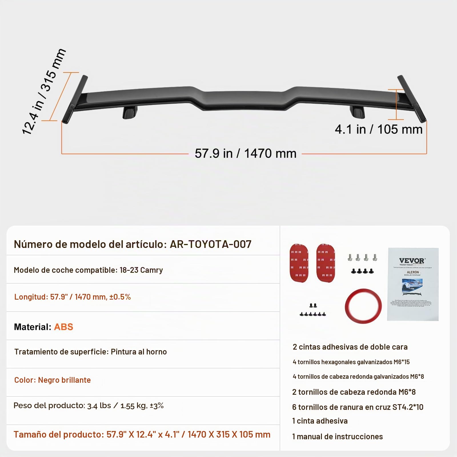 VEVOR Alerón de Coche Alerón de 1470 x 315 x 105 mm, Modelo Compatible con Camry 2018-2023, Material ABS de Alta Resistencia, Pintura para Hornear, Alerones de Carreras para Coches, Negro Brillante
