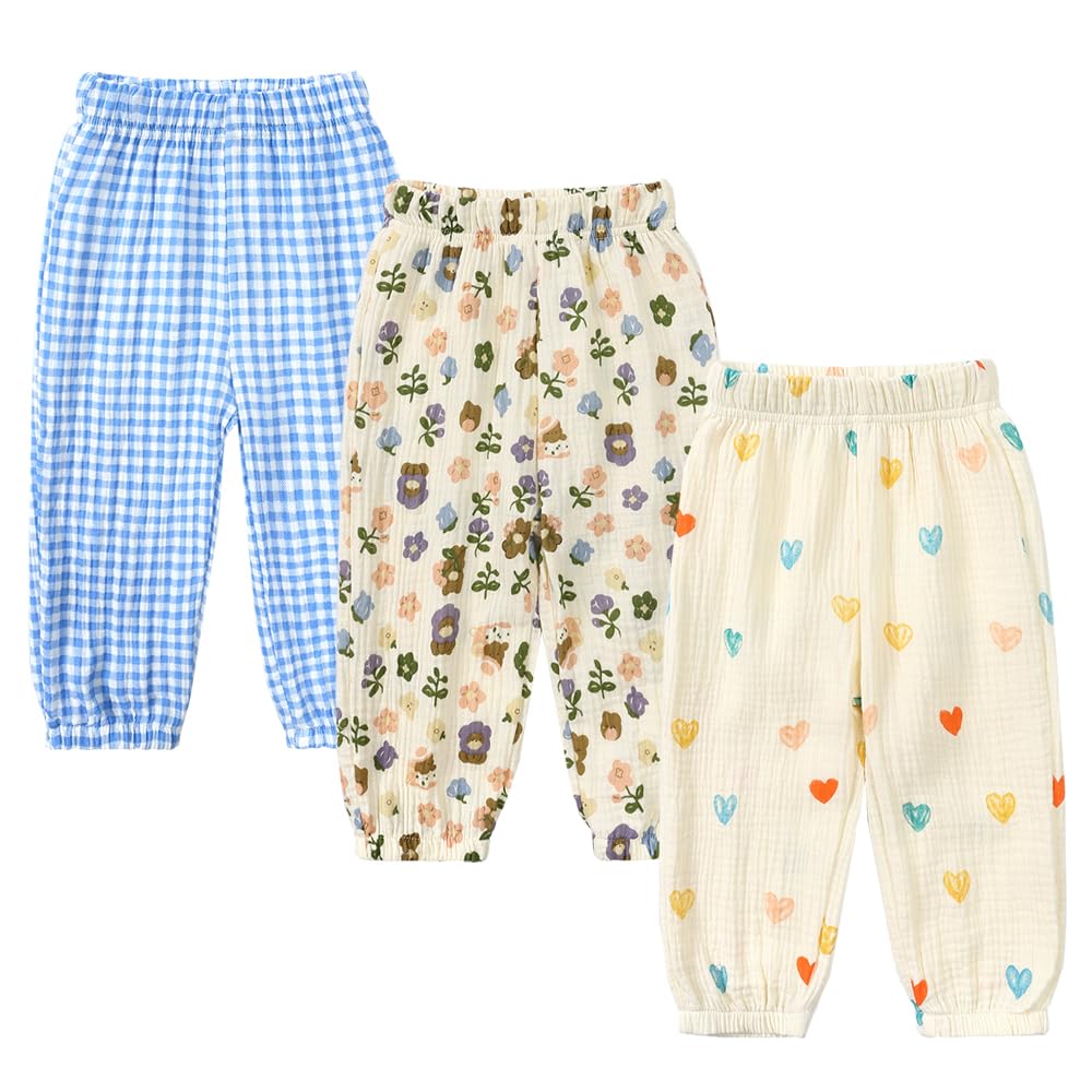 Kids Tales 3 Pack Boys Girls Cotton Linen Pants Child Basic Plain Solid Trousers Big Kids Elastic Waist Long Pants Bloomers