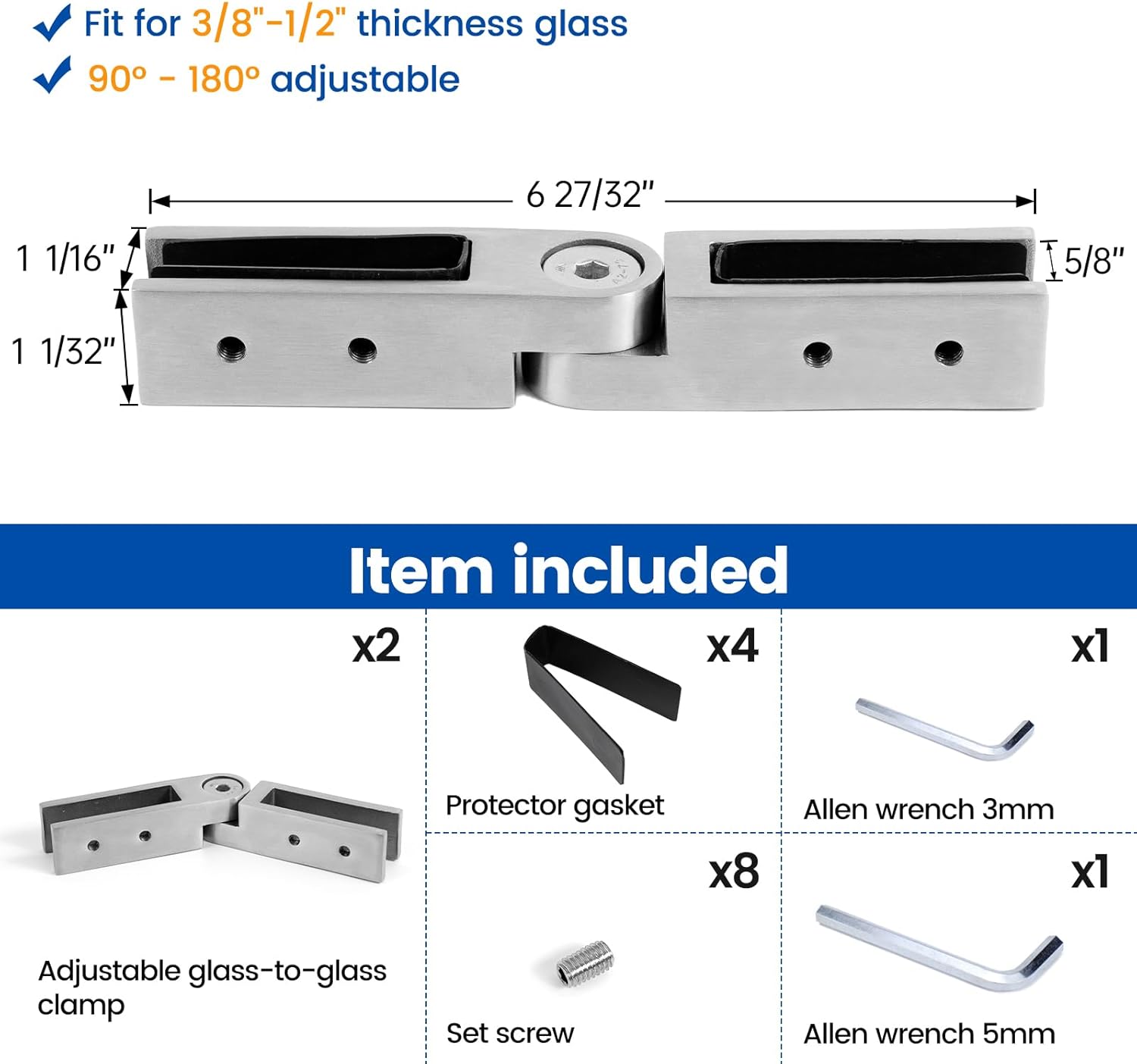 Muzata Brushed Rectangle Glass Railing Spigot GS10 SO4 with 2Pack Adjustable Glass Clamp GA08