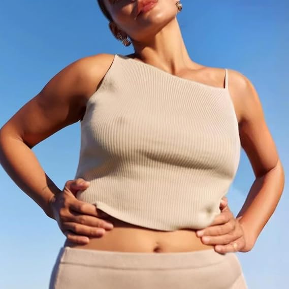 Womens Off Sleeveless Shirts Going Out Crop Slim Fitted Summer Outfits Knit Asymmetric Cami Tank Tops