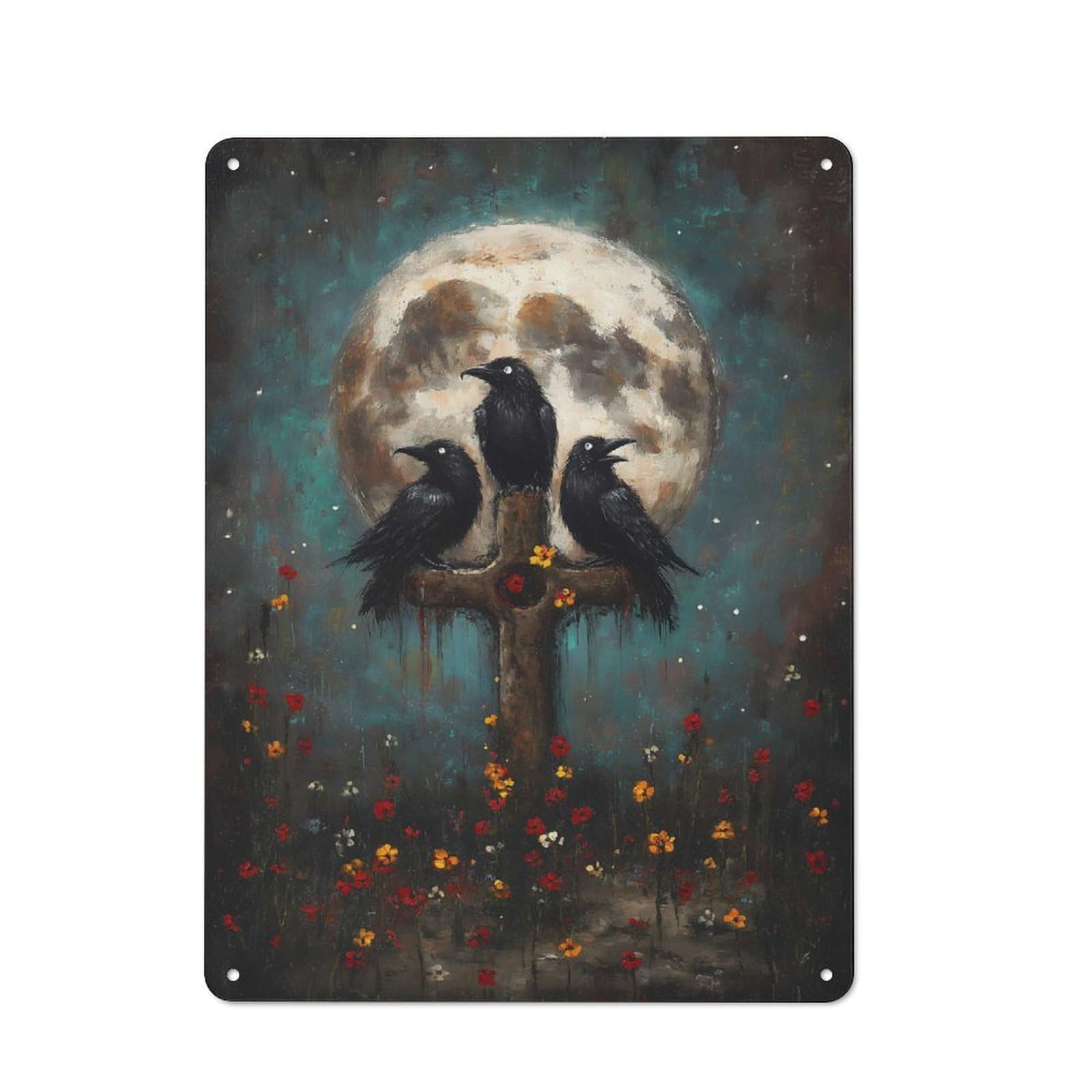 Junmoney Three Ravens On Cross With Moon Metal Wall Sign 40X30cm Featuring For Garage Or Workshop, Suited To Workshop Owners