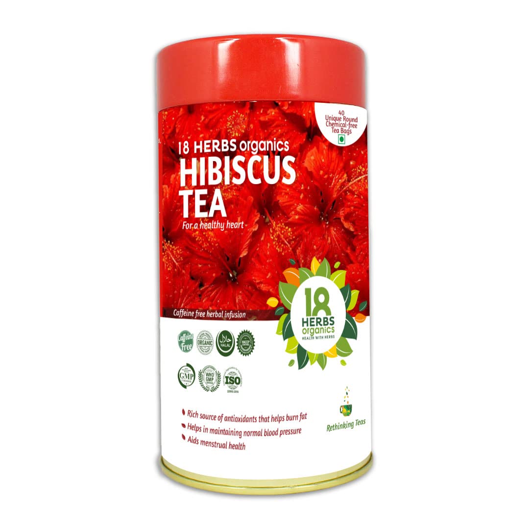 18 Herbs Organics Health With Herbs Hibiscus Tea (40 Tea Bags - 54 grams - Tin caddy - Pack of 1) Caffeine Free Tea With Herbal Infusion | Chemical Free Unique Round Tea Bags For a Healthy Heart