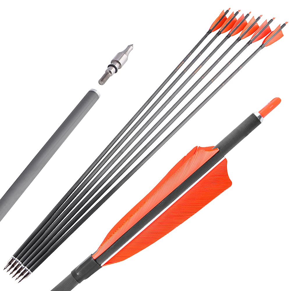 SHARROW 35 Pouces Flèche de Carbone Spine 400 Flèches de Chasse Flèche Arc Flèche Carbone avec 4" Plumes Naturelles pour Tir à l'arc ​Arc Classique Arc A Poulies Longbow Arc de Chasse (Orange, 12p)