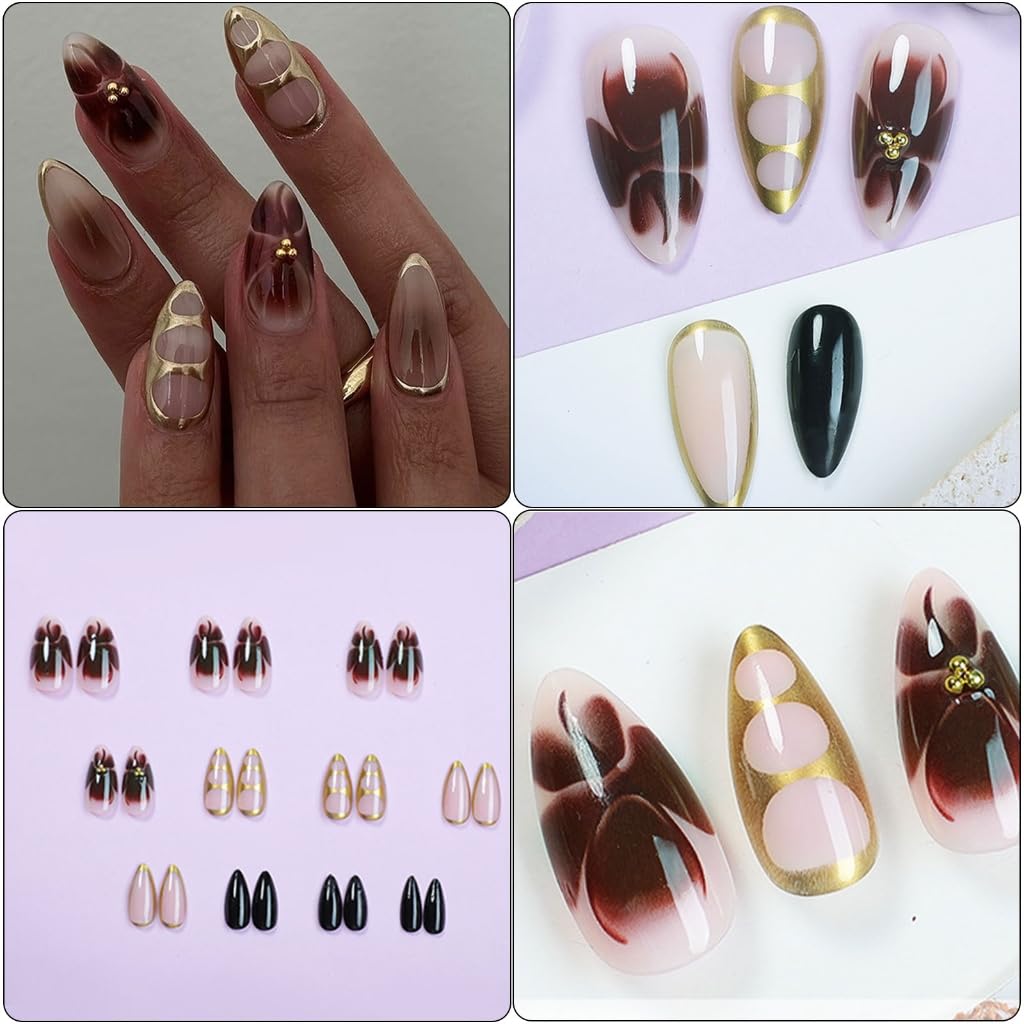 24pcs Almond Shape Glossy Beads Flower Designs French Tip False Nails Full Covers Artificial Nails