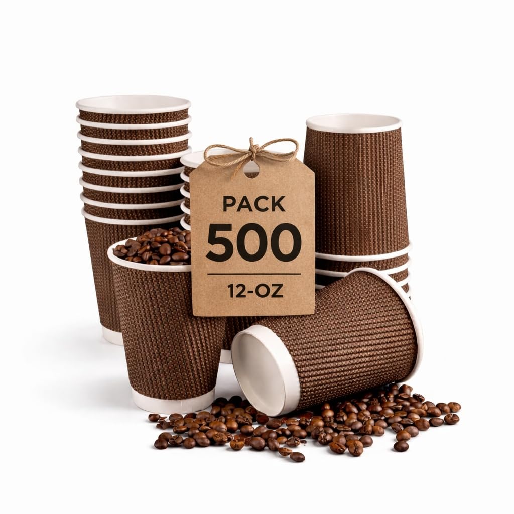 500 Pack 12oz Ripple Paper Coffee Cups – Triple Wall Insulated Disposable Cups, Leakproof Kraft Brown Takeaway Cups for Hot & Cold Drinks, Tea, Coffee, Cappuccino, 12oz (340ml)
