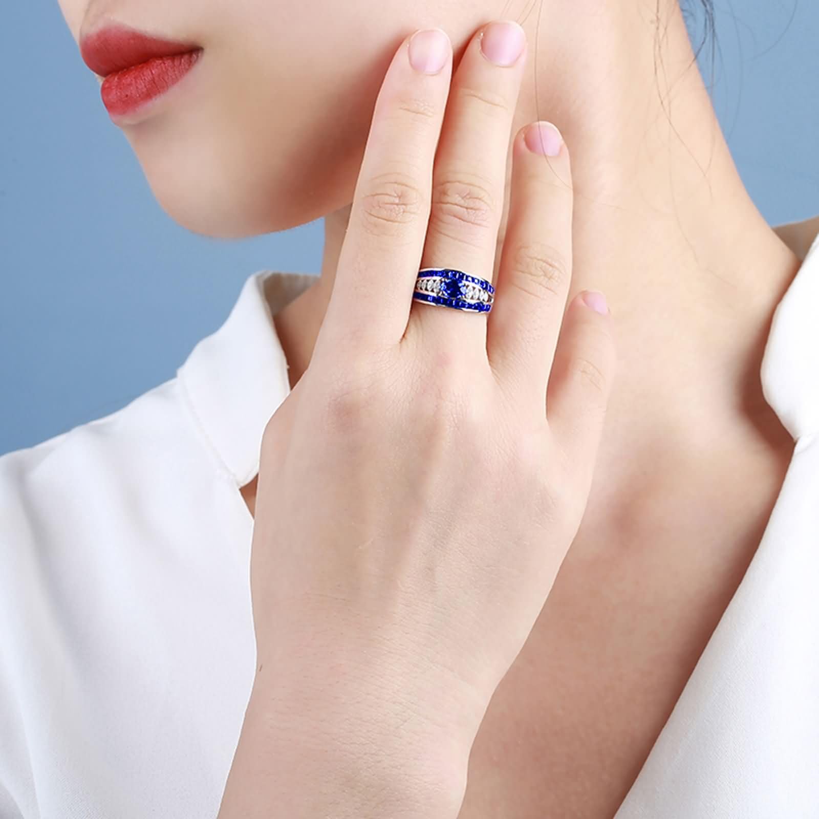 Anillo Compromiso Oro Blanco 9 Kilates / 14 Kilates / 18 Kilates Mujer, Oval con Zafiro Creado de 1.5ct y Moissanita, Anillos Mujer Eternidad Plata Azul