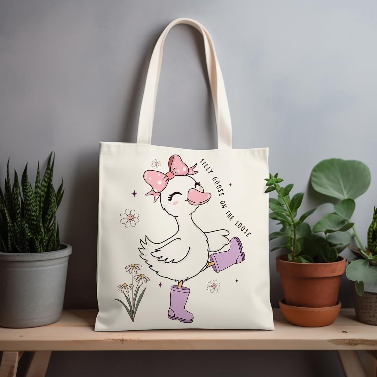 Silly Goose Canvas Tote Bag With Inner Pockets,Cute Reusable Bag for Lunch Grocery Shopping and Beach,Women Lady Canvas Cotton Tote,Birthday Gifts for Goose Lovers - Image 7