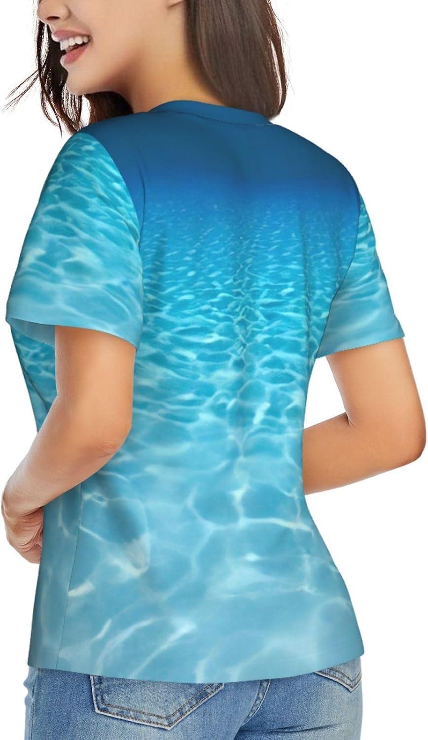 Women Casual Tranquil Underwater Scenery Print V-Neck T-Shirt Short Sleeve Summer Trendy Tops.