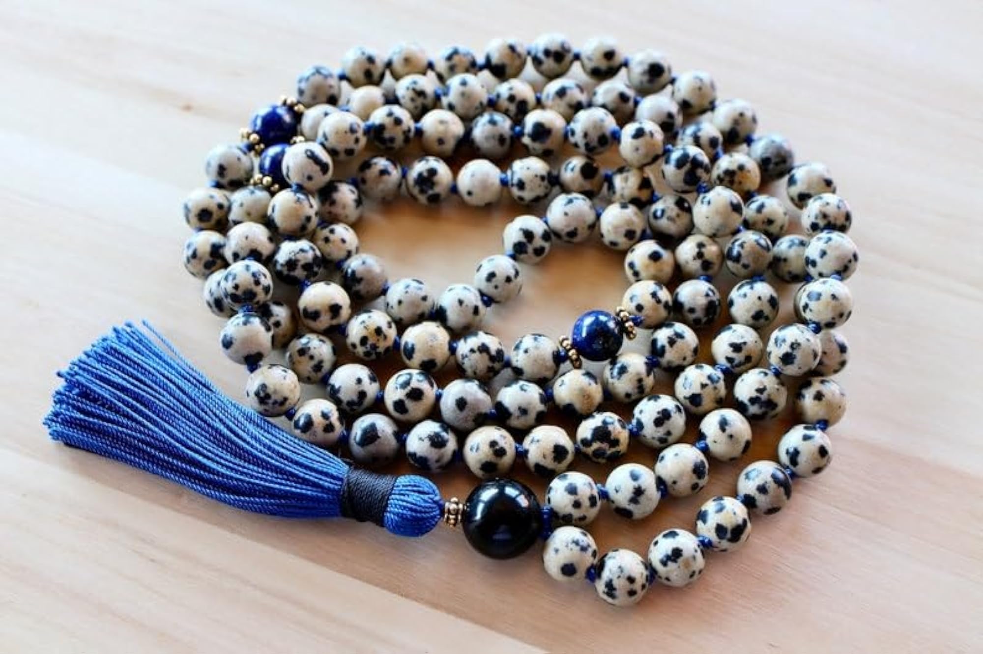 Natural Dalmatian Jasper & Lapis Lazuli 6MM Beaded Prayer Mala Necklace