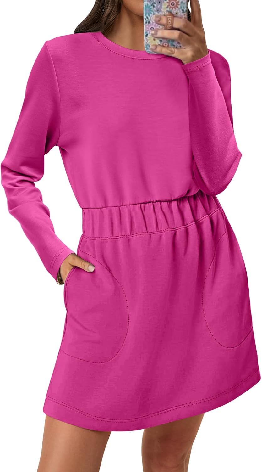 ANRABESS Womens Long Sleeve Dress 2025 Fall Casual Elastic Waist Short Mini T Shirt Dresses with Pockets Travel Outfits