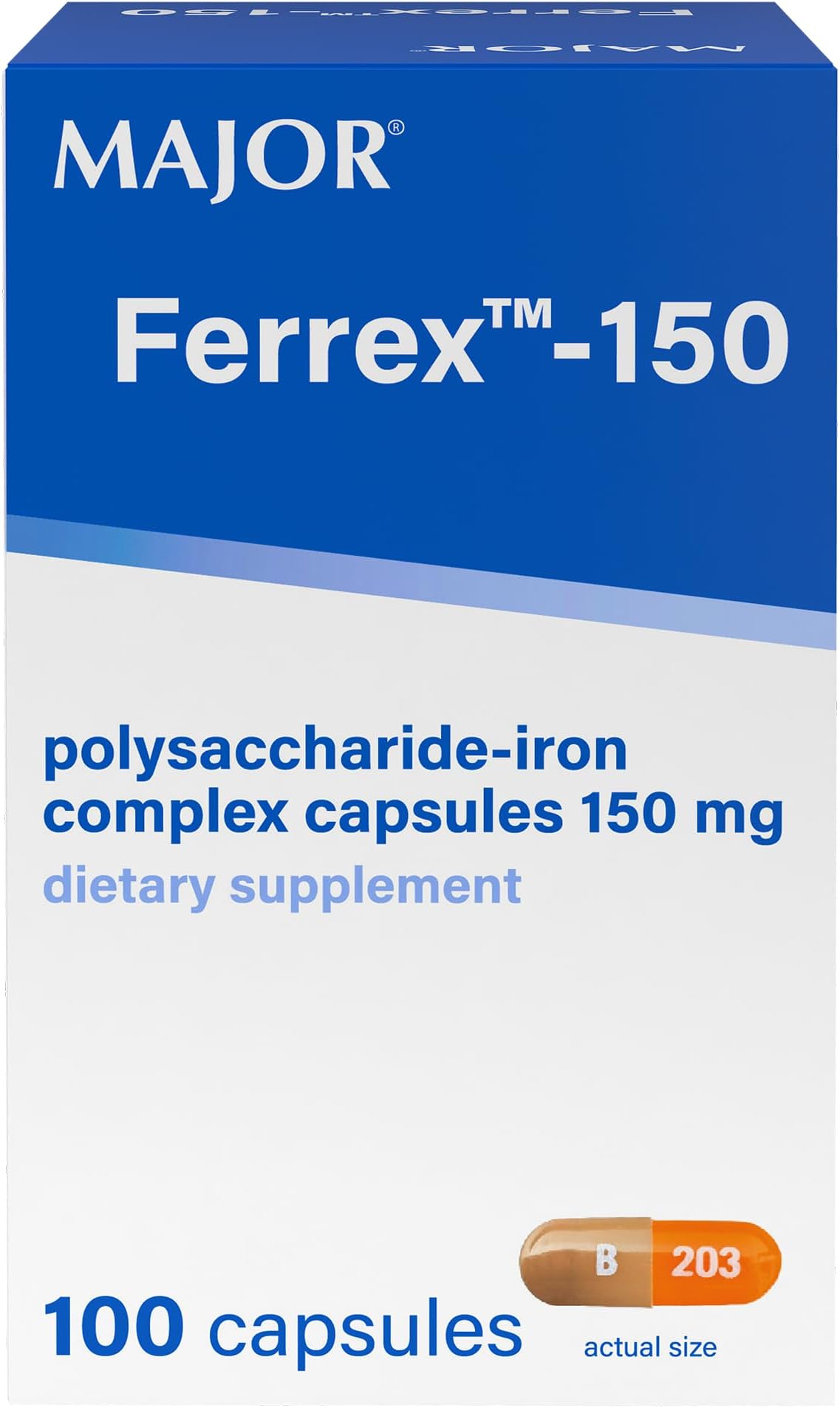 MAJOR Ferrex-150 Polysaccharide-Iron Complex Capsules 150mg Iron Supplement for Women and Men – Gentle on Stomach – 100 Capsules (1 Pack)